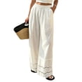 thumbnail image 1 of Womens Linen Lace Trim Pants Summer Boho Elastic Waist Wide Leg Palazzo Pants Flowy Pull on Vacation Beach Pants, L, 1 of 7