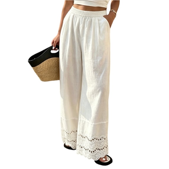Womens Linen Lace Trim Pants Summer Boho Elastic Waist Wide Leg Palazzo Pants Flowy Pull on Vacation Beach Pants, L