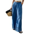thumbnail image 1 of Womens Linen Lace Trim Pants Summer Boho Elastic Waist Wide Leg Palazzo Pants Flowy Pull on Vacation Beach Pants, XL, 1 of 3