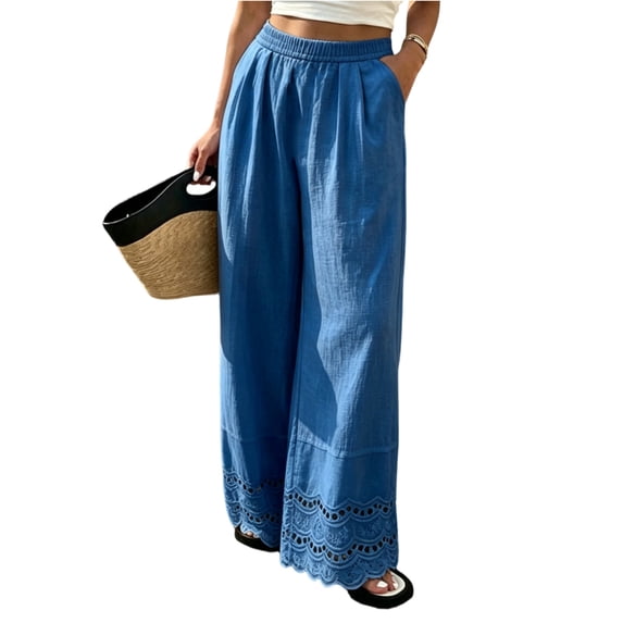 Womens Linen Lace Trim Pants Summer Boho Elastic Waist Wide Leg Palazzo Pants Flowy Pull on Vacation Beach Pants, XL
