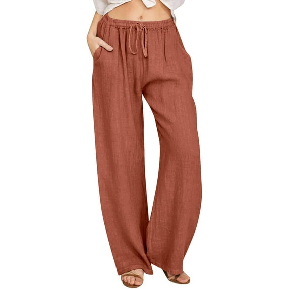 Womens Linen Long Pants Summer Casual Linen Trousers Drawstring Elastic High Waist Long Pant Women Comfortable Loose Straight Wide Leg Lounge Pants