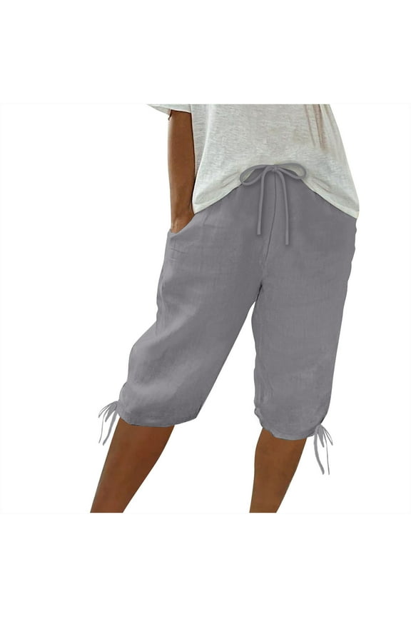Womens Linen Long Shorts 2026 Summer Knee Length Drawstring Bermuda Shorts Baggy Elastic Waist Shorts with Pocket