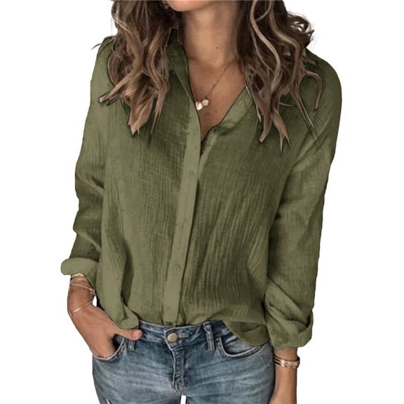 Womens Linen Long Sleeve Button Down Shirt Loose Fit Casual V-Neck Tops