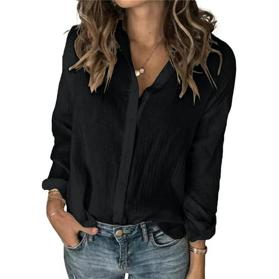 Womens Linen Long Sleeve Button Down Shirt Loose Fit Casual V-Neck Tops