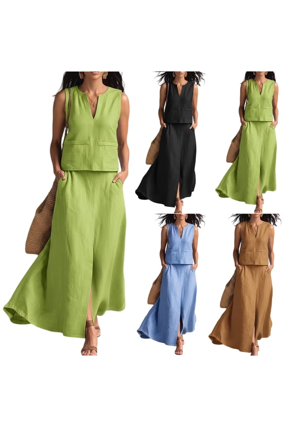 Womens Linen Look 2 Piece Sets With Sleeveless V Neck Vest And Side Slit Maxi Skirt Featuring Functional Pockets And Solid Color Black S