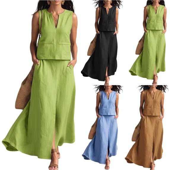 Womens Linen Look 2 Piece Sets With Sleeveless V Neck Vest And Side Slit Maxi Skirt Featuring Functional Pockets And Solid Color Brown XXL