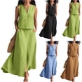 thumbnail image 1 of Womens Linen Look 2 Piece Sets With Sleeveless V Neck Vest And Side Slit Maxi Skirt Featuring Functional Pockets And Solid Color Green M, 1 of 6