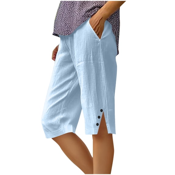 Womens Linen Loose Straight Leg Pants Side Slit Buttons Shorts Elastic Waist Five Quarter Pants