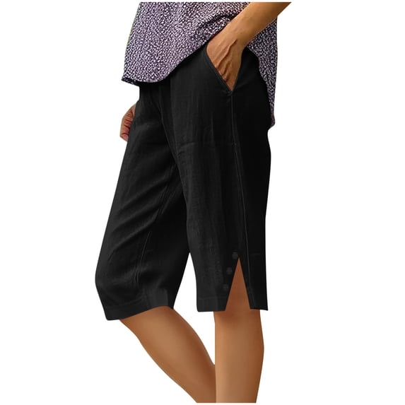 Womens Linen Loose Straight Leg Pants Side Slit Buttons Shorts Elastic Waist Five Quarter Pants