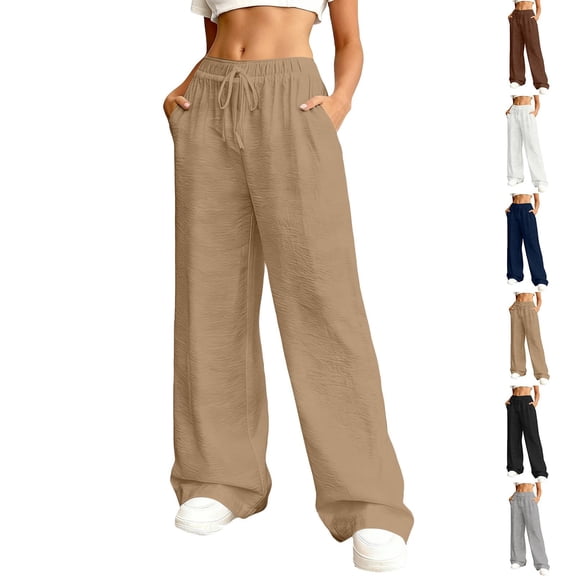 Womens Linen Lounge Pants High Waisted Palazzo Drawstring Wide Leg Trousers Casual Flowy Pants Beach Summer 2026 Camel S
