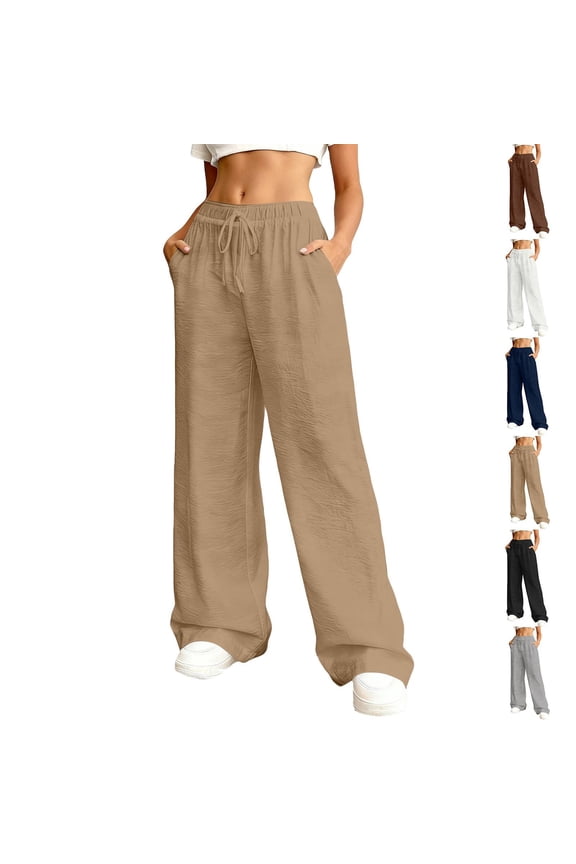 Womens Linen Lounge Pants High Waisted Palazzo Drawstring Wide Leg Trousers Casual Flowy Pants Beach Summer 2026 Camel S