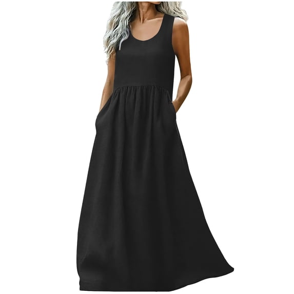 Womens Linen Maxi Dress with Pockets Sleeveless Tank Long Dress Solid Casual Summer Beach Travel Outfits (XL, Black)