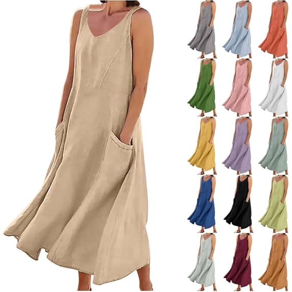 Womens Linen Maxi Dresses 2026 Tummy Control Trendy Sleeveless Boho Gauze Dress Casual Summer Beach Vacation Sundress