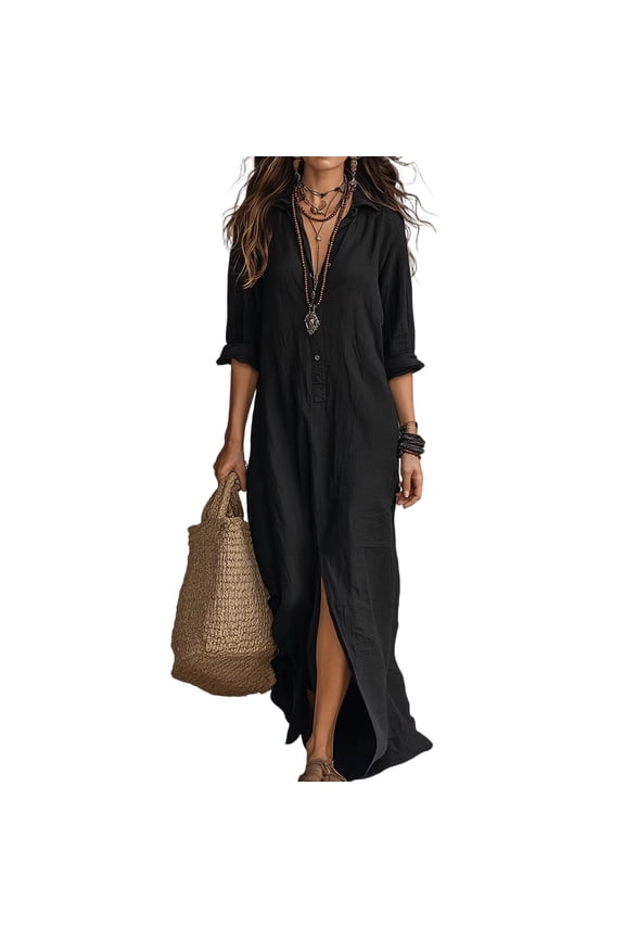 Womens Linen Maxi Dresses Casual Loose Fit V Neck 3/4 Sleeve Side Slit A Line Linen Long Dress