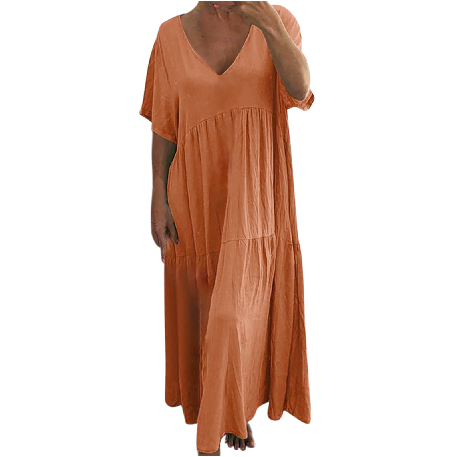 Womens Linen Maxi Dresses Summer Beach V Neck Oversize Baggy Short Sleeve  Tiered Casual Loose Holiday Long Dress (XX-Large, Orange)