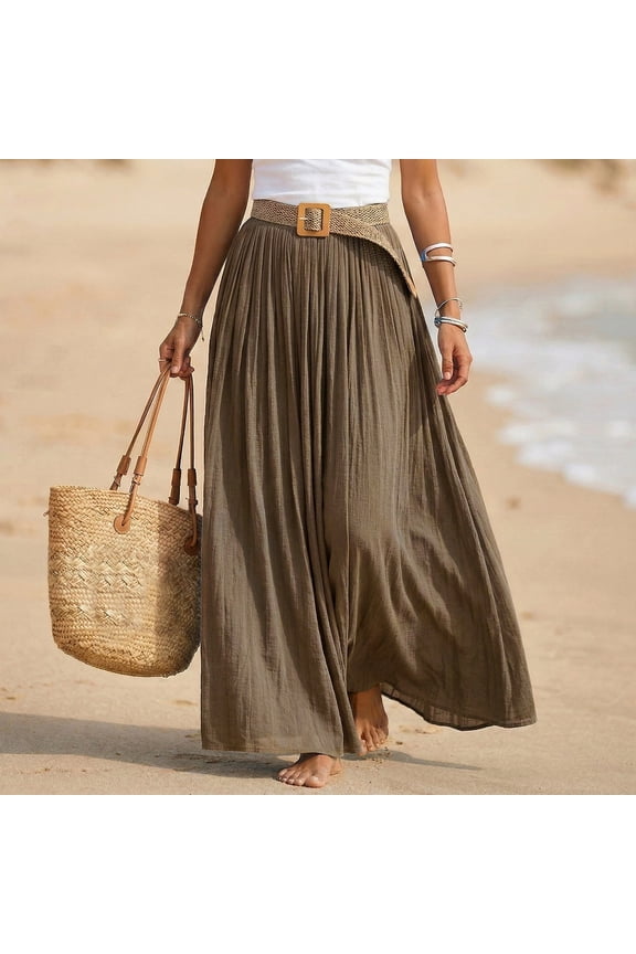 Womens Linen Maxi Skirts Summer Boho Solid Beach Elastic High Waist Pleated A-Line Flowy Swing Long Maxi Skirts