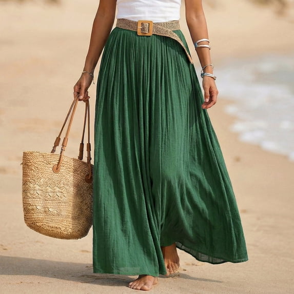 Womens Linen Maxi Skirts Summer Boho Solid Beach Elastic High Waist Pleated A-Line Flowy Swing Long Maxi Skirts