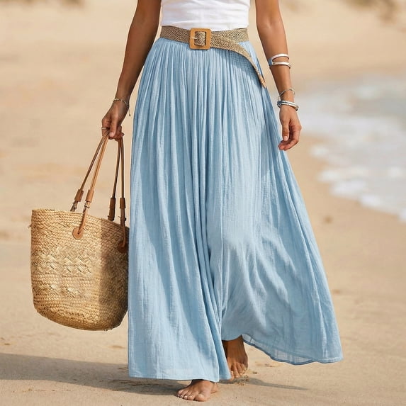 Womens Linen Maxi Skirts Summer Boho Solid Beach Elastic High Waist Pleated A-Line Flowy Swing Long Maxi Skirts
