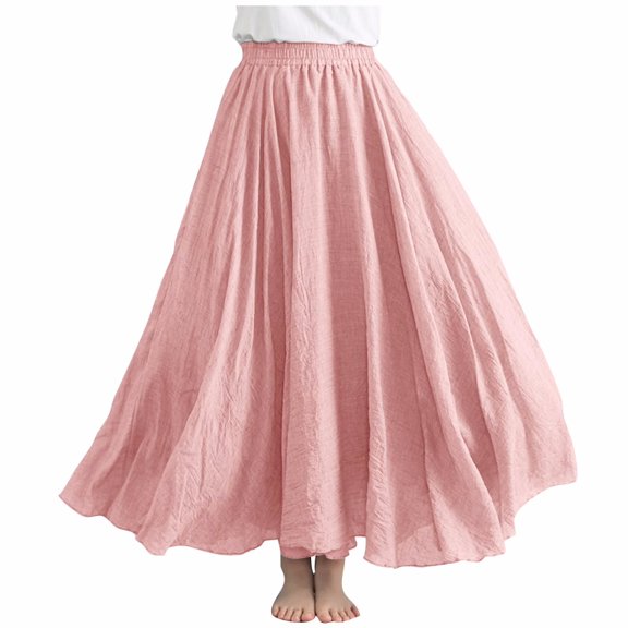 Womens Linen Maxi Skirts Trendy Elastic Waist Summer Boho Solid Beach Elastic High Waist Pleated A-Line Flowy Swing Long Maxi Skirts