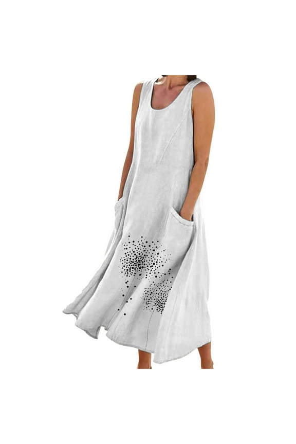 Womens Linen Midi Dress Sleeveless Floral/Solid Color Casual Beach Loose Sundress Scoop Neck Tank Long Dress