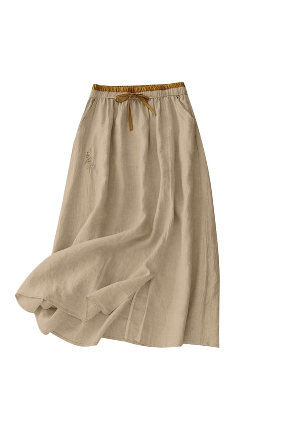 Womens Linen Midi Skirt Cotton Maxi Skirt Casual Flowy Swing Elastic High Waist A-Line Split Long Boho Khaki L