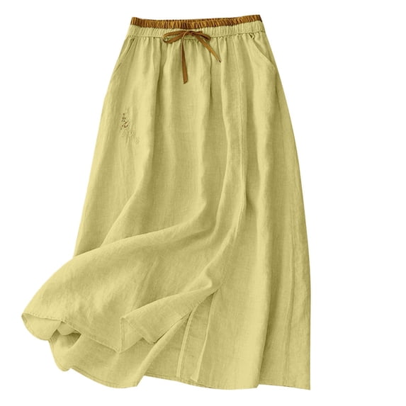 Womens Linen Midi Skirt Cotton Maxi Skirt Casual Flowy Swing Elastic High Waist A-Line Split Long Boho Light Green XL