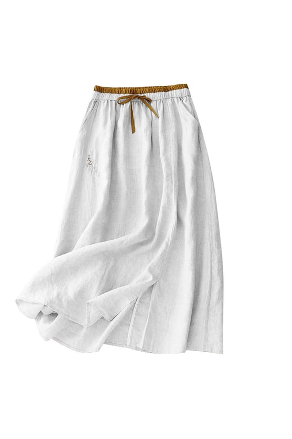 Womens Linen Midi Skirt Cotton Maxi Skirt Casual Flowy Swing Elastic High Waist A-Line Split Long Boho White XL