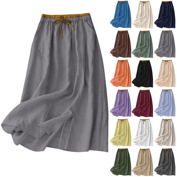 Womens Linen Midi Skirt Cotton Maxi Skirt Casual Flowy Swing Elastic High Waist A-Line Split Long Boho with Pockets Blue XL