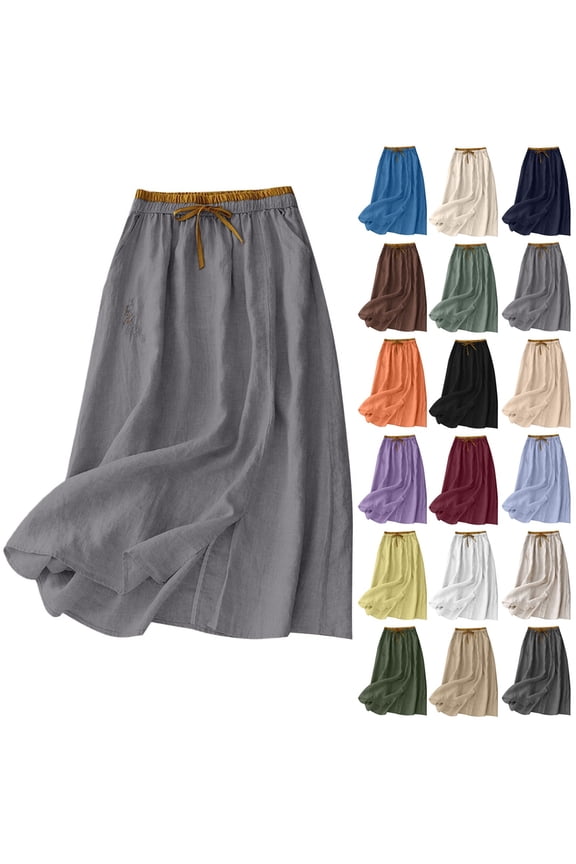 Womens Linen Midi Skirt Cotton Maxi Skirt Casual Flowy Swing Elastic High Waist A-Line Split Long Boho with Pockets Coffee XL