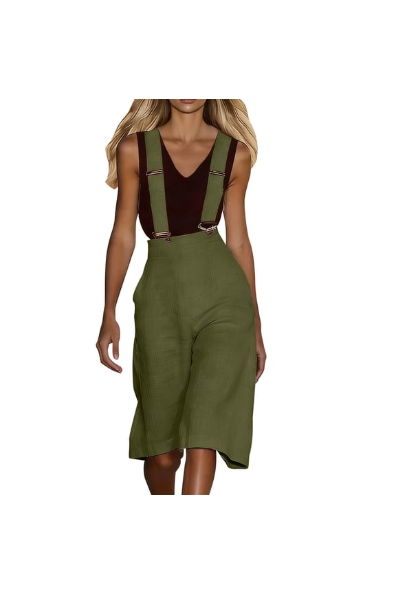 Womens Linen Overalls Wide Leg Capri Jumpsuits with Pockets Knee Length High Waist Suspenders Rompers Green, L