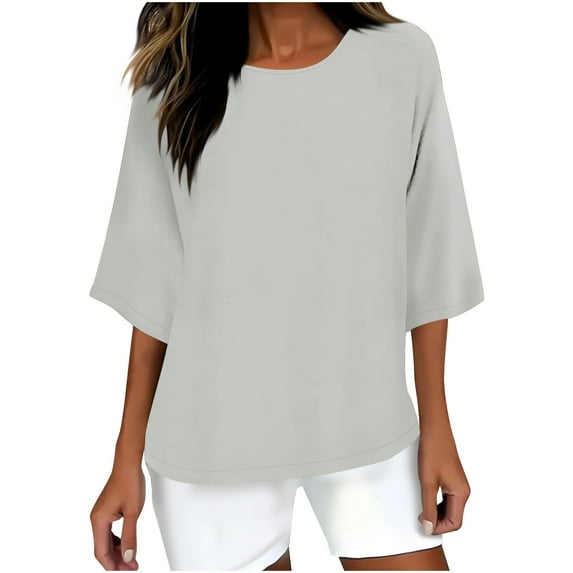 Womens Linen Oversized Boyfriend Tee Shirts Short Sleeve Trendy Crew Neck Loose Workout Tee Casual Summer Tops