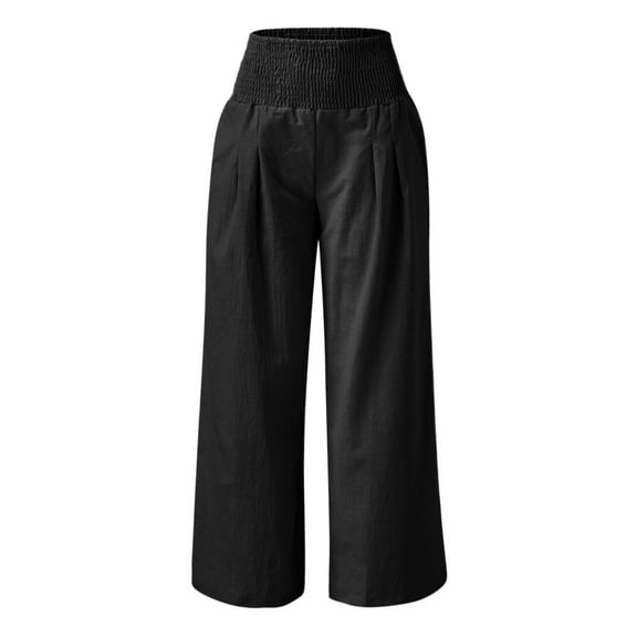 Womens Linen Palazzo Pants High Waisted Wide Leg Lounge Pants Lightweight Drawstring Elastic Waist Loose Trousers with Pockets Black M