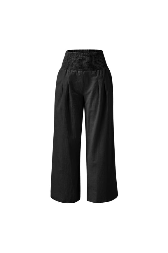 Womens Linen Palazzo Pants High Waisted Wide Leg Lounge Pants Lightweight Drawstring Elastic Waist Loose Trousers with Pockets Black M