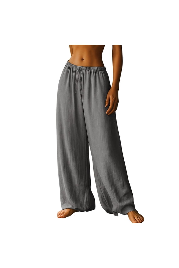 Womens Linen Pants 2026 Elastic Waist Trousers with Pockets Straight Leg Trousers Comfy Trousers Lounge Palazzo Pants Lightweight Pants Solid Color Long Trousers Loose Fit Summer Pants 3Xl