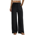 thumbnail image 1 of Womens Linen Pants 2026 Summer Drawstring Waist Baggy Pants Work Casual Vacation Beach Trousers with Pockets OIOLOYJM Black S, 1 of 5