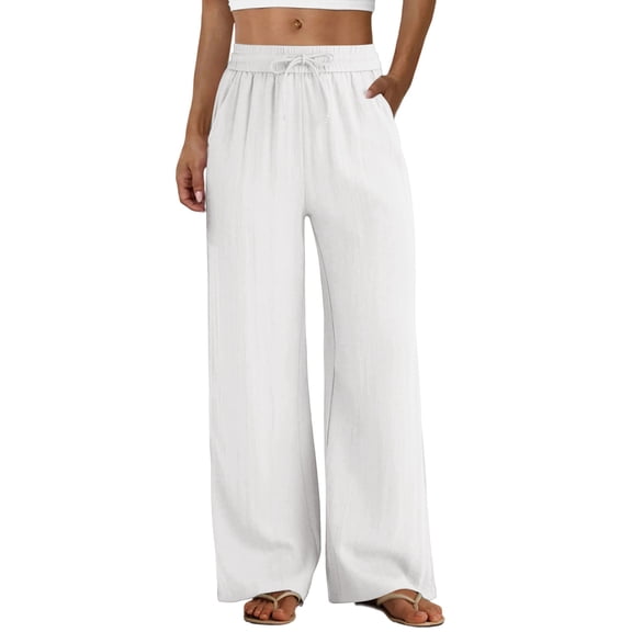 Womens Linen Pants 2026 Summer Drawstring Waist Flowy Pants Business Casual Fashion Lounge Trousers with Pockets OIOLOYJM White XL