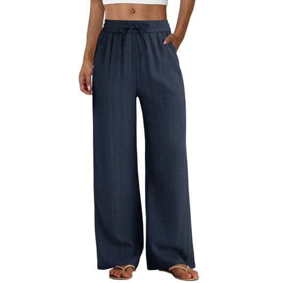 Womens Linen Pants 2026 Summer High Waist Wide Leg Pants Work Casual Cozy Flowy Beach Trousers with Pockets OIOLOYJM Navy L