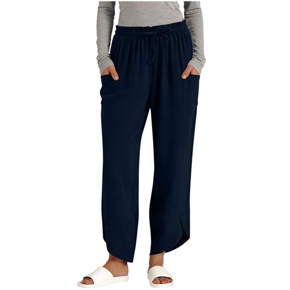 Womens Linen Pants 2026 Summer High Waisted Drawstring Baggy Pants Business Casual Split Ankle Flowy Beach Trousers Vacation Sweatpants with Pockets OIOLOYJM Navy S