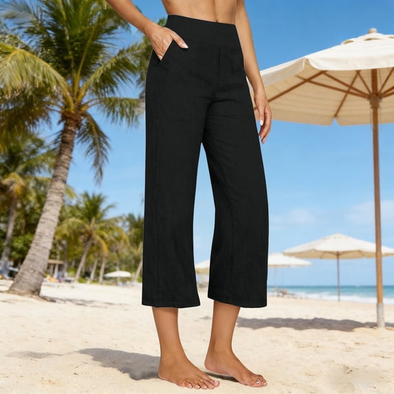 Womens Linen Pants Casual Cotton Linen Crop Pants Lightweight High Waist Straight Leg Lounge Trousers 2026 Beach Travel Vacation Outfits