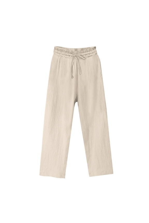 Womens Linen Pants Casual Drawstring High Waist Straight Leg Loose Spring Trouser Summer Clothes