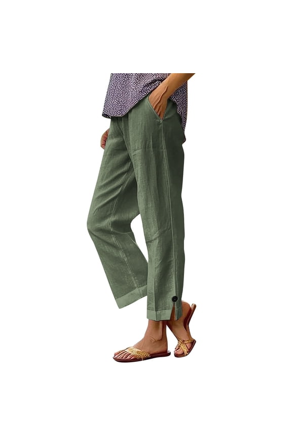 Womens Linen Pants, Casual Elastic Waist Straight Leg Pants Side Button Split Hem Loose Trousers with Pockets