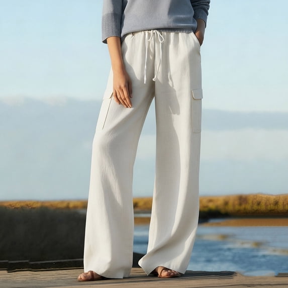 Womens Linen Pants Casual High Waisted Elastic Drawstring Cargo Loose Fit Wide Leg with Pockets