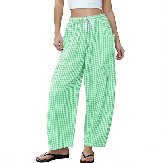 Womens Linen Pants Casual Loose Flowy Wide Leg Palazzo Harem Pants Drawstring Elastic Waist Lounge Trousers with Pockets Green L