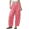 thumbnail image 1 of Womens Linen Pants Casual Loose Flowy Wide Leg Palazzo Harem Pants Drawstring Elastic Waist Lounge Trousers with Pockets Red M, 1 of 5