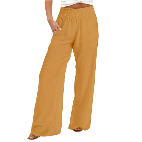 Womens Linen Pants Casual Loose High Waist Boho Wide Leg Cropped Palazzo Beach Pants