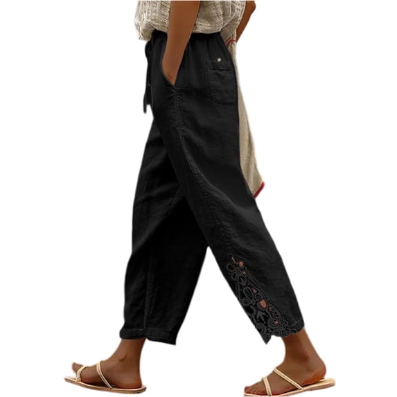 Womens Linen Pants Casual Petite Drawstring Elastic Waist Summer Wide Leg Pants Beach Pull On Lounge Trousers with Pockets Black 2XL