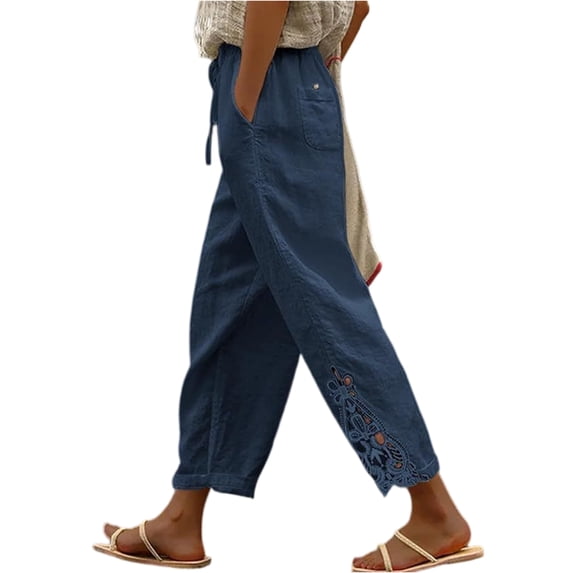 Womens Linen Pants Casual Petite Drawstring Elastic Waist Summer Wide Leg Pants Beach Pull On Lounge Trousers with Pockets Blue S