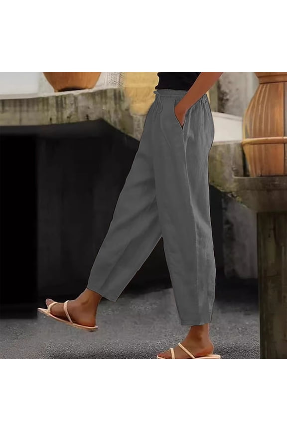 Womens Linen Pants Casual Petite Drawstring Elastic Waist Summer Wide Leg Pants Beach Pull On Lounge Trousers with Pockets Dark Gray XL