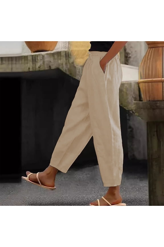 Womens Linen Pants Casual Petite Drawstring Elastic Waist Summer Wide Leg Pants Beach Pull On Lounge Trousers with Pockets Khaki S