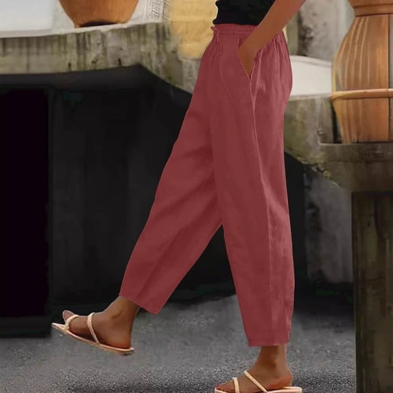 Womens Linen Pants Casual Petite Drawstring Elastic Waist Summer Wide Leg Pants Beach Pull On Lounge Trousers with Pockets Light Brown S